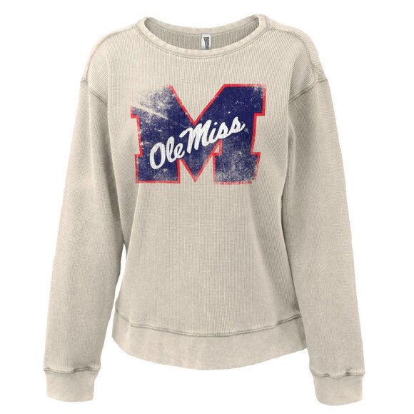 Big M Ole Miss Univ of Mississippi Women's Mini Waffle Crew Natural - Picture 1 of 2